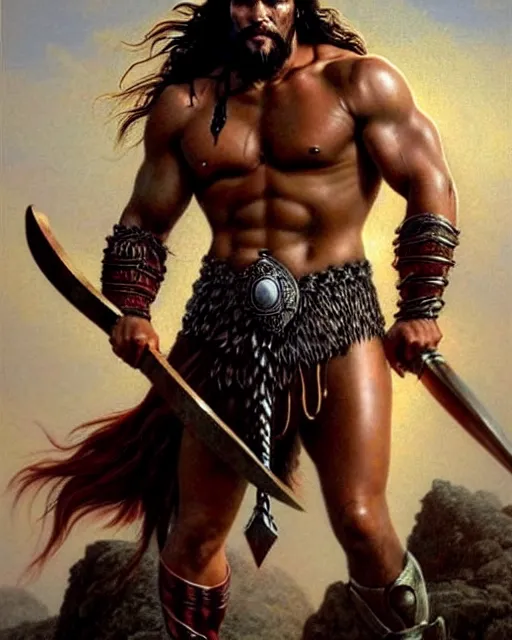 Prompt: beautiful portrait oil painting, jason momoa conan the barbarian thor standing on a rocky hill, wearing a warrior king crown and royal crimson fantasy ornate spartan dragon scale armor, wet skin and hair, muscular!!!, battle action pose, frank frazetta, boris vallejo, greg rutkowski, beautiful cinematic light, low angle, greg rutkowski, high contrast