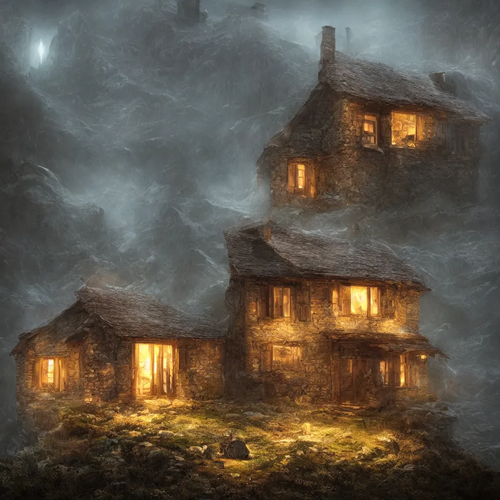 Image similar to A decrepit unlit cottage on a mountaintop at night, lit by a single torch, by Bastien LeCouffe-Deharme, hyperrealistic, V-Ray 8k UHD