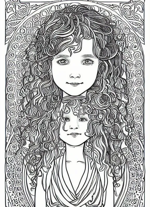 Image similar to clean simple line art of a little girl with wavy curly hair and a blank background. well composed, clean coloring book page, beautiful detailed face. coloring book line art by greg rutkowski and johanna basford and alphonse mucha