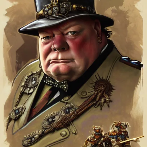 Image similar to full portrait of warhammer 4 0 k winston churchill, fantasy, d & d, intricate, detailed, by by alphonse mucha, adolfo hohenstein, alice russell glenny, stanley artgerm lau, greg rutkowski, detailed, trending on artstation, trending on artstation, smooth