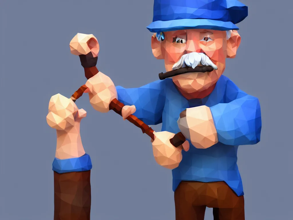 Image similar to an old man in a blue hat holding a pipe, rolled up sleeves, character design, low poly, pinterest, 4 k