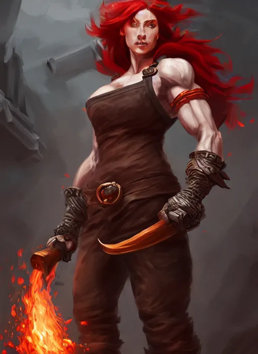 Prompt: a highly detailed illustration of fierce red haired blacksmith woman wearing blacksmith apron, muscular, dramatic pose, intricate, elegant, highly detailed, centered, digital painting, artstation, concept art, smooth, sharp focus, league of legends concept art, wlop.