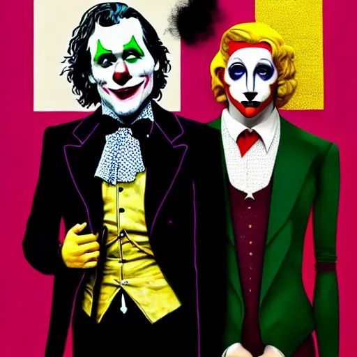 Image similar to ilya yefimovich repin and mimmo rottela and banksy as joaquin phoenix skinny joker, holding lady gaga harley queen hand, ultra photorealistic, intricate details, pop art style, concept art, confident posse, justify content center, 2 colours, warm color, 4 k, ultra smooth, sharp focus, perfect details