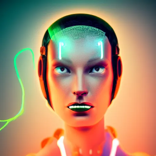 Prompt: a portrait of a female cyborg, fashion, streak lights, ligjt trail, color gel, photogtaphy, photorealistic, canon r 5, wide angle, 3 d rendered, maya