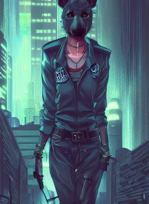 Image similar to beautiful portrait commission of a female furry anthro hyena fursona wearing a police uniform. Cyberpunk city at night in the rain. Neon light. Atmospheric. Character design by charlie bowater, ross tran, artgerm, and makoto shinkai, detailed, inked, western comic book art