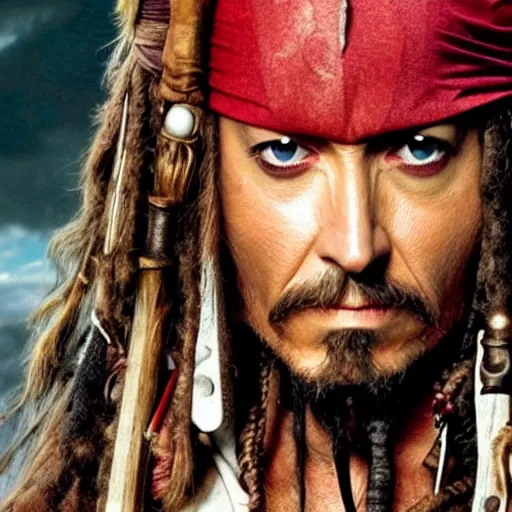 Prompt: A still of Hugh Jackman as Jack Sparrow. Extremely detailed. Beautiful. 4K. Award winning.