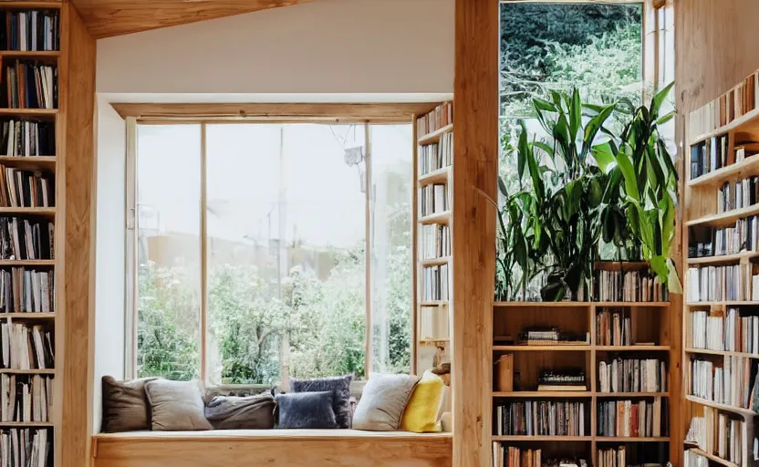 Image similar to interior desing magazine photo of a big window with a wooden frame to sit on, some sandy yellow pillows, there are books and plants on a integrated shelf, great architecture, ambient light, 8k