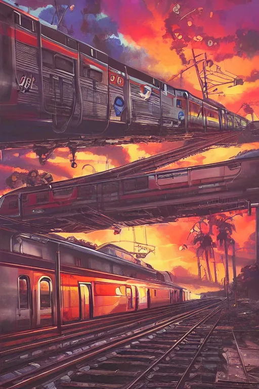 Image similar to trains covered in dripping graffiti paint, by hiroshi yoshida and moebius and loish and artgerm, painterly, symmetrical, ultra detailed, hyper realistic, illustration, sunset lighting