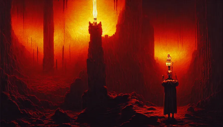 Image similar to a grand inquisitor with a torch behind which is a burning village,, fine details, blood, digital art, volumetric lighting, cinematic light, photorealistic, by dan mumford and zdzisław beksinski, by giger, by caravaggio, 4 k,
