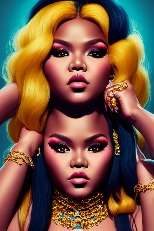 Image similar to portrait of young lil Kim rapper, Brooklyn background, highly detailed and rendered gold jewelry, digital art, intricate, sharp focus, Trending on Artstation, HQ, unreal engine 5, 4K UHD image, by brom, artgerm, face by Otto Schmidt