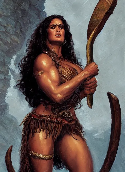 Image similar to portrait of very muscled Salma Hayek as barbarian with axe drawn hiding from a few scary creepy mummies, elegant, highly detailed, centered, digital painting, artstation, concept art, artgerm, donato giancola, Joseph Christian Leyendecker, WLOP, Boris Vallejo, Artgerm