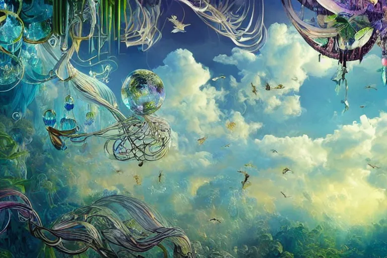 Image similar to a huge flock of many smooth puffy filigreed clouds tangled into whirling ultra detailed crystal specimens, art nouveau jungle environment, playful, award winning art, epic dreamlike fantasy landscape, ultra realistic,