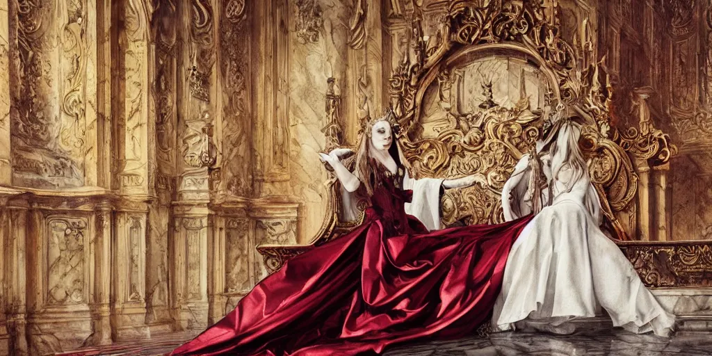 Prompt: epic, cinematic, leading lines, low angle, a 1 7 th century beautiful queen, sitting on the throne, symmetry, baroque interior, shiny marble floor, ornate dark red opulent clothing, scifi, futuristic, optimistic, concept art, watercolor, expressive, impressionism,