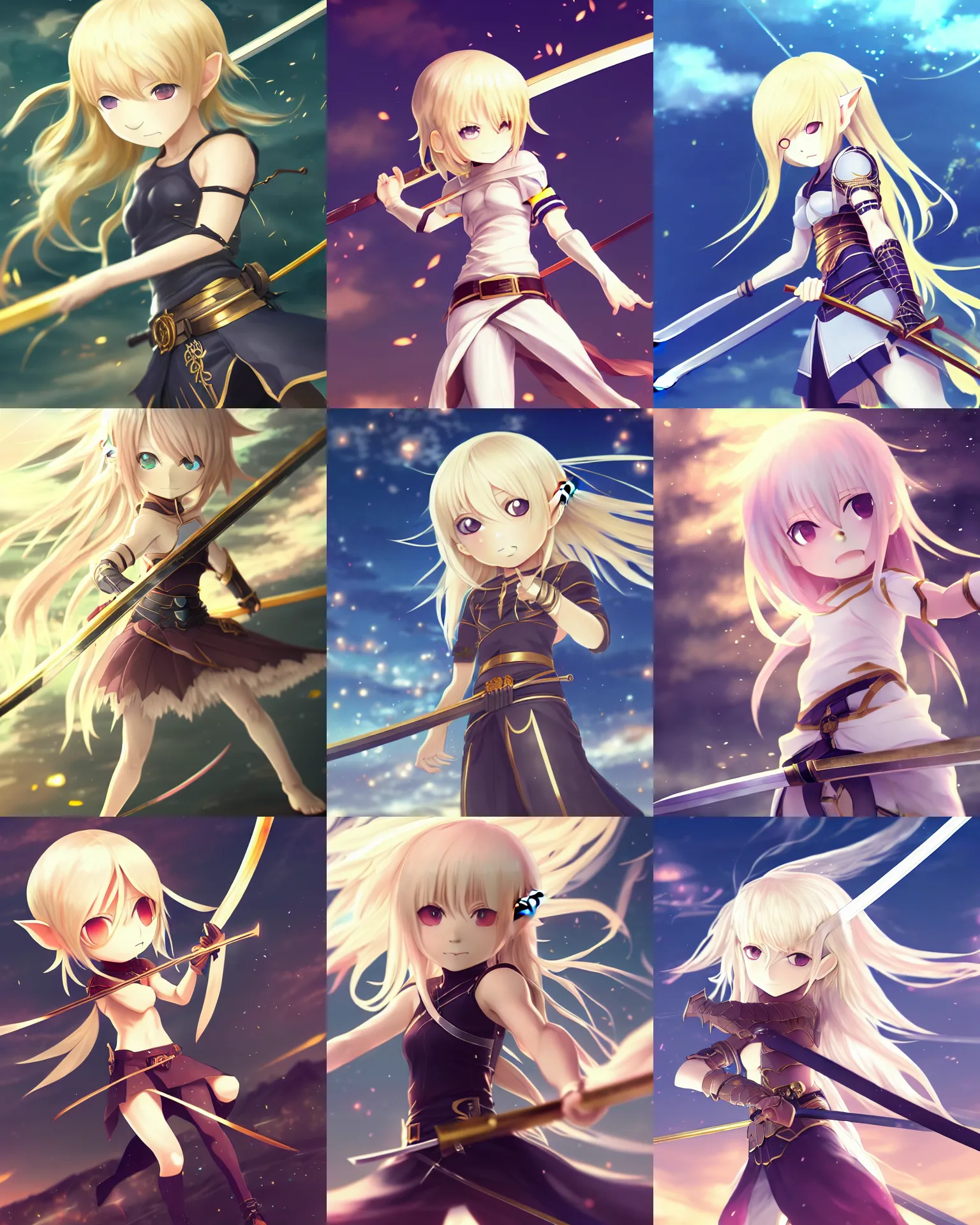 Prompt: chibi, female, full body, elf girl with white skin holding a katana, golden hair blowing the wind, strong pose, trending art, centered, fate zero, extremely high detailed, bokeh color background, studio ghibly makoto shinkai yuji yamaguchi, by wlop