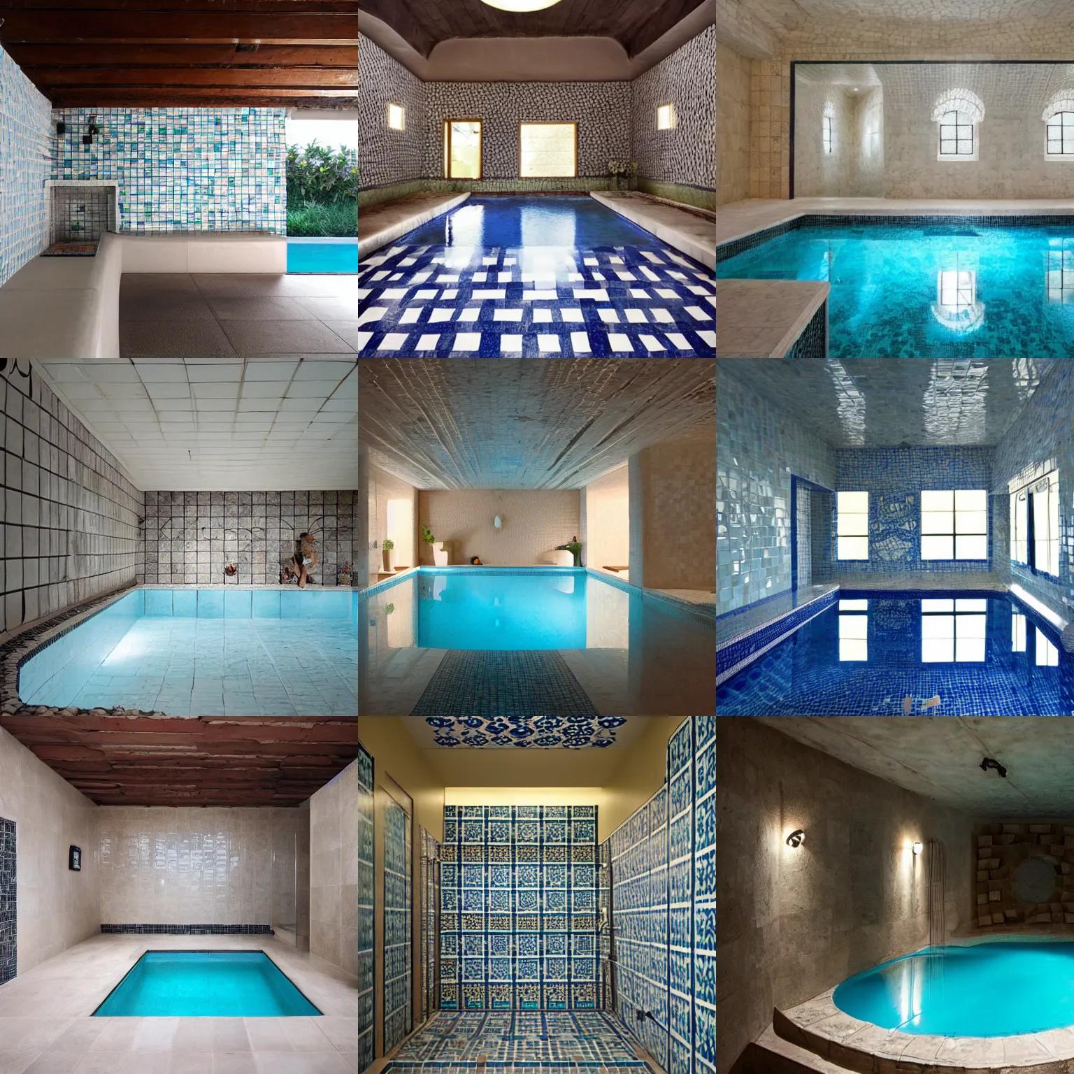 Prompt: Underground pool in a room covered in tile, liminal, dreamy