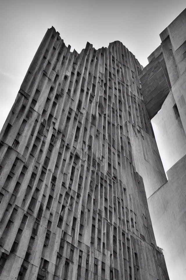 Prompt: a black and white photograph of an enormous building, brutalist architecture, long shot,