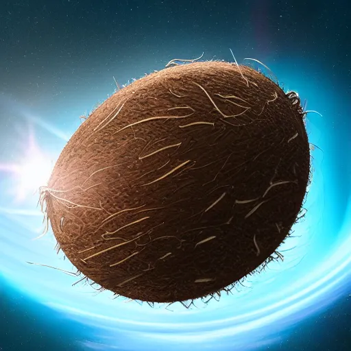 Prompt: an artist's rendering of a coconut satellite in space, a digital rendering by carl eugen keel, featured on cg society, space art, redshift, anamorphic lens flare, reimagined by industrial light and magic