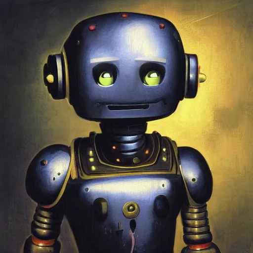 Prompt: a happy robot mascot, digital painting, masterpiece by rembrandt and thomas kinkade and frank frazetta and mœbius and kentaro miura, stylized yet realistic faces and anatomy, advanced lighting technology, beautiful, gorgeous brush strokes