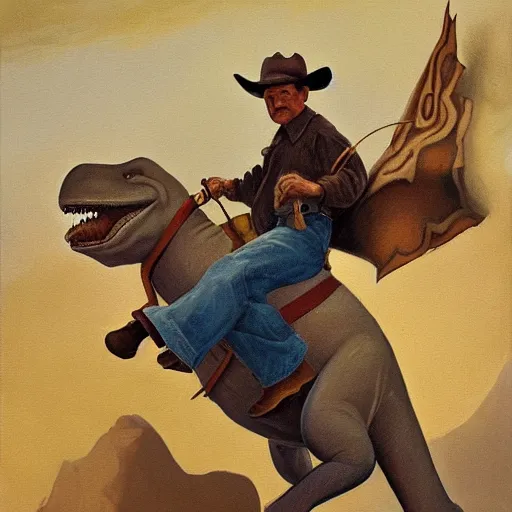 Image similar to a painting of a cowboy riding a dinosaur in the style of n. c. wyeth.