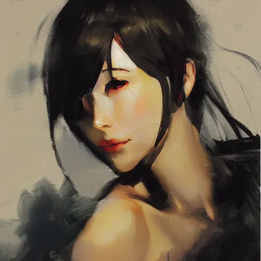 Image similar to greg manchess painting of an anime woman, direct flash photography at night, ruan jia