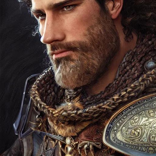 Prompt: portrait of a ruggedly handsome paladin, soft hair, beaded hair, muscular, half body, leather, hairy, d & d, fantasy, intricate, elegant, highly detailed, digital painting, artstation, concept art, smooth, sharp focus, illustration, art by artgerm and greg rutkowski and alphonse mucha