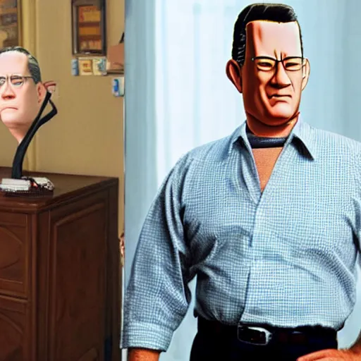 Prompt: Live Action Still of Tom Hanks dressed as and playing Hank Hill in the Live Action King of the Hill Movie, real life, hyperrealistic, ultra realistic, realistic, highly detailed, detailed, very detailed, cool, ultra detailed, very realistic, trending on artstation, epic, HD quality, 8k resolution, body and headshot, film still, real, detailed face, very detailed face, real life, front face, front view, dramatic lighting, real, real world