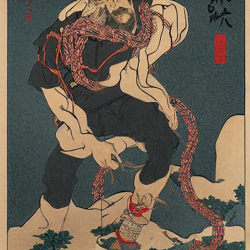 Image similar to by hokusai, samurai man vagabond, the samurai is wrapped in chains, detailed, editorial illustration, matte print, concept art, ink style, sketch, digital 2 d