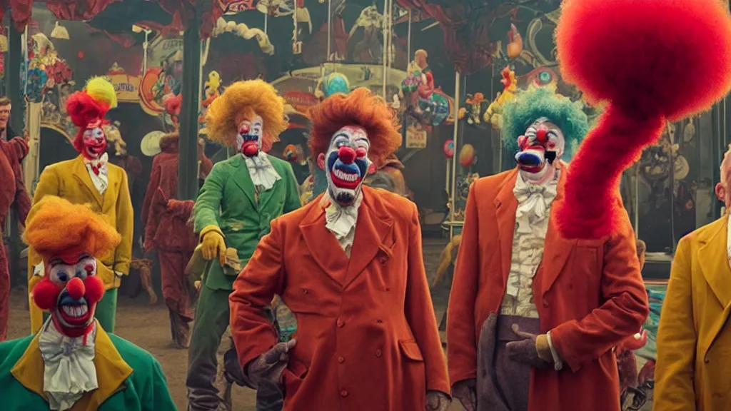 Prompt: the giant clowns at the fair, film still from the movie directed by denis villeneuve and david cronenberg with art direction by salvador dali and dr. seuss