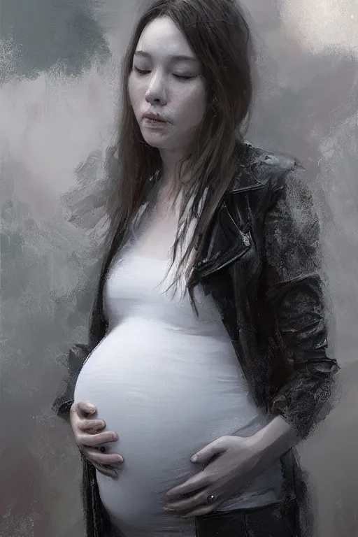 Image similar to pregnant woman under street light, highly detailed, sharp focused, ultra realistic digital concept art by Ruan Jia, Alyssa Monks, Stanley Artgerm