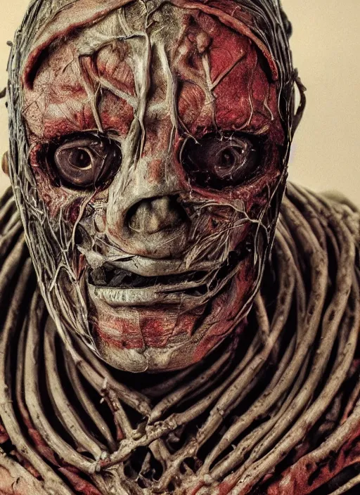 Prompt: portrait of a Slipknot mask with translucent skin, visible muscles and veins and arteries and bones and spines and nerves, beautiful detailed intricate insanely detailed octane render, 8k artistic photography, photorealistic, chiaroscuro, by David Cronenberg, Raphael, Caravaggio