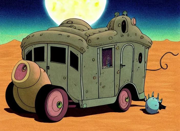 Image similar to a cell shaded cartoon of a lovecraftian snail stage coach from howl's moving castle ( 2 0 0 4 ), on a desert road, in front of a pale full moon, full body, wide shot, very dull muted colors, studio ghibli, highly detailed, deviantart, art by artgem