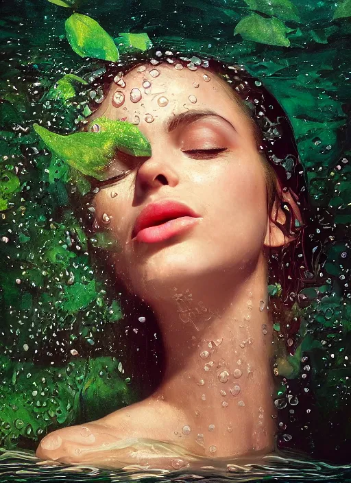 Image similar to A beautiful closeup portrait of a woman fully submerged ecxept of the top of his head, excited look in her eyes, water reflection, in style of frontiers in a spring water fall surrounded by greenery, highly detailed, soft lighting, elegant,sigma 85mm, shallow depth of field, Edward Hopper and James Gilleard, Zdzislaw Beksinski, Steven Outram, highly detailed