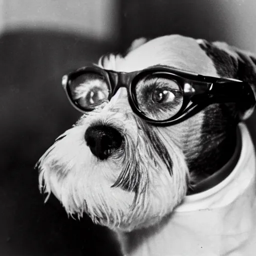 Prompt: a biewer terrier wearing glasses while smoking a cigar, noir film