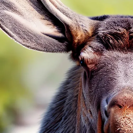 Prompt: extreme close - up photo of a smiling moose