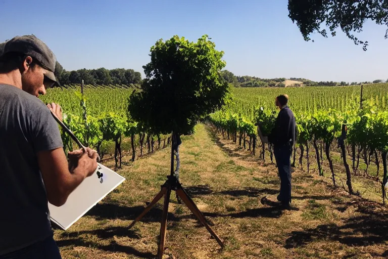 Image similar to cinematography plein air painters in a vineyard in France by Emmanuel Lubezki