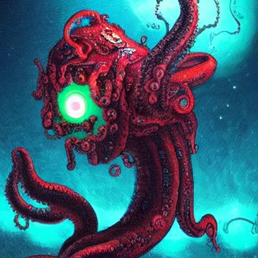 Prompt: red whale god with 3 green glowing eyes and tentaclesin the space, lovecraftian like.