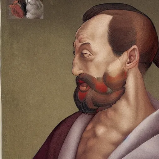 Image similar to portrait painting of surprising Michelangelo di Lodovico with topknot in the style of japanese cartoon