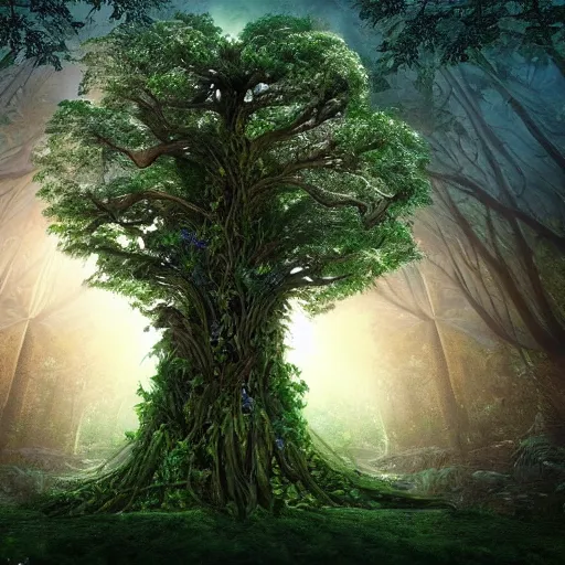 Image similar to horrific, spectacular tree in a densely overgrown jungle, fantasy, dreamlike sunraise, ultra realistic, atmospheric, stopped in time, epic