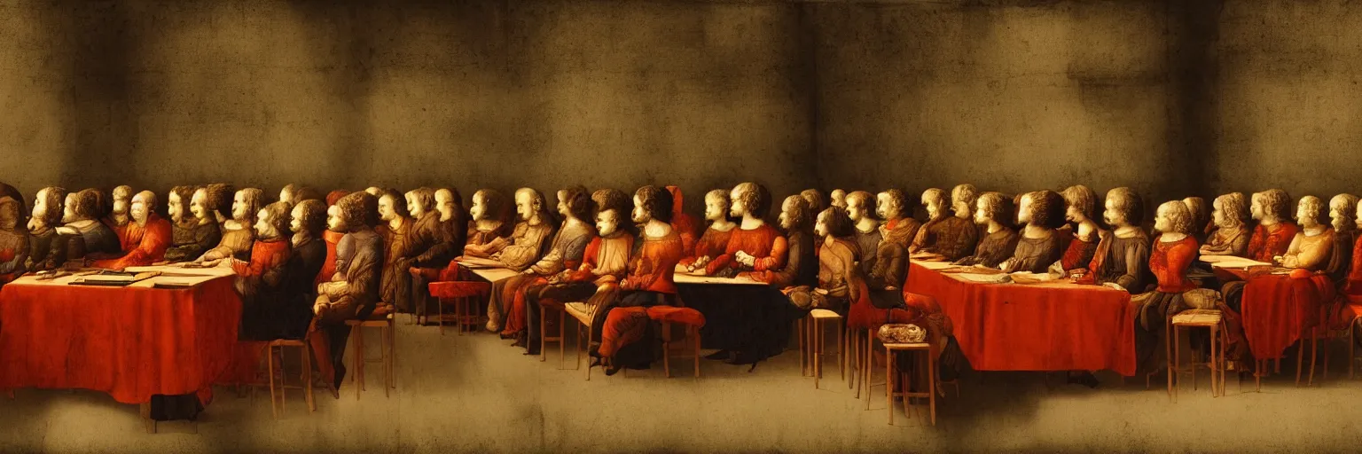 Prompt: a beautiful Leonardo Vavinci illustration of a table where smart people sit and listen to a TED lecture