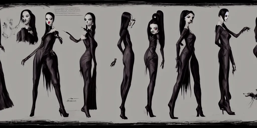 Image similar to morticia addams, character sheet, concept design, contrast, kim jung gi, greg rutkowski, zabrocki, karlkka, jayison devadas, trending on artstation, 8 k, ultra wide angle, pincushion lens effect