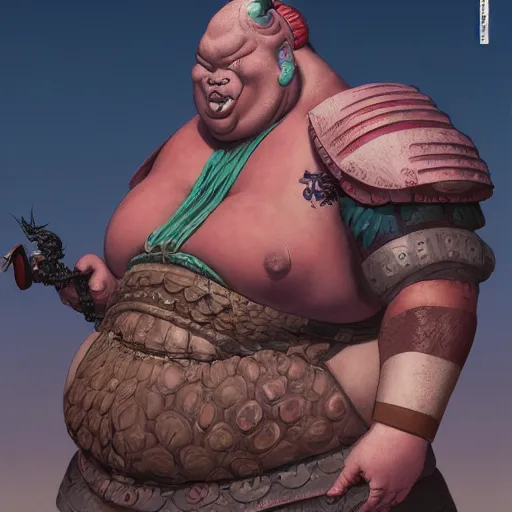 Image similar to character portrait of a plump rubenesque woman shugoki wearing samurai o - yoroi, mortal shell, scorn game, by h r geiger and beksinski, grim dark, lara sava, ukiyo - e, cg society, tone mapping, global illumination,