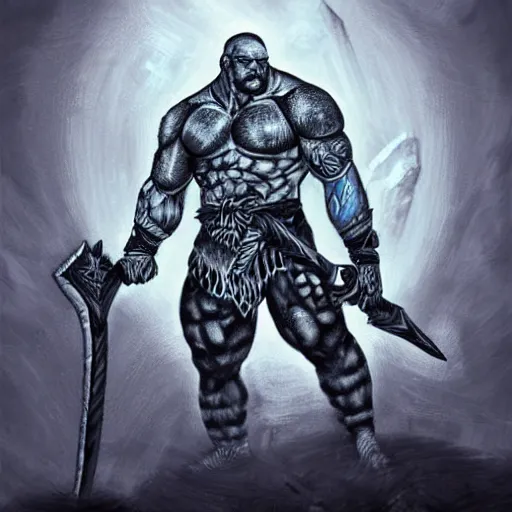 Prompt: frost goliath, with a two handed axe, tribal tattoos, very muscular, large fists, fantasy, d & d, intricate, detailed 4 k, trending on artstation, smooth, sharp focus