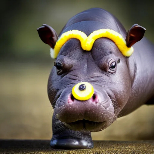 Prompt: DSLR Photograph of a baby hippo that looks like a Minion, cinematic, award winning