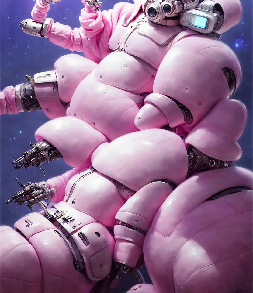 Image similar to beautiful fantasy character portrait, wearing pink puffy bomber jacket with white fur, seductive reclining pose, futuristic robots sitting, ultra realistic, dramatic lighting, robots, the fifth element artifacts, highly detailed by peter mohrbacher, hajime sorayama, wayne barlowe, boris vallejo, aaron horkey, gaston bussiere, craig mullins
