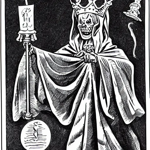 Prompt: lich wearing a crown 1930 cartoon illustration black and white lineart detailed technical drawing