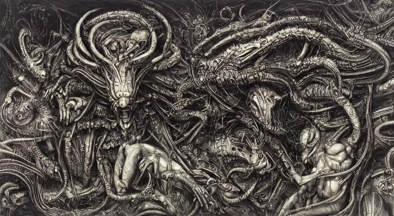 Prompt: an intricate mix of a monkey an ant and an alien monster, h. r. giger style, by the most renowned artist of the romanticism, hiperdetailed