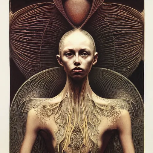 Image similar to queen of everything by zdzisław beksinski, iris van herpen, raymond swanland and alphonse mucha. highly detailed, hyper - real, beautiful