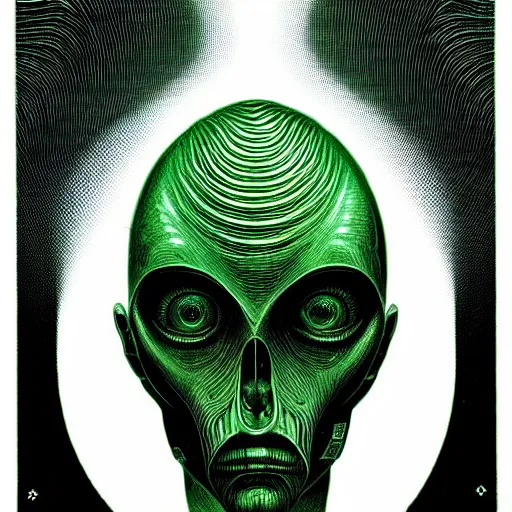 Prompt: portrait top light, by killian eng and joe fenton and h r giger, inspired by alien movie 1 9 7 9, green duotone print, etching, fine, sharp high detail,