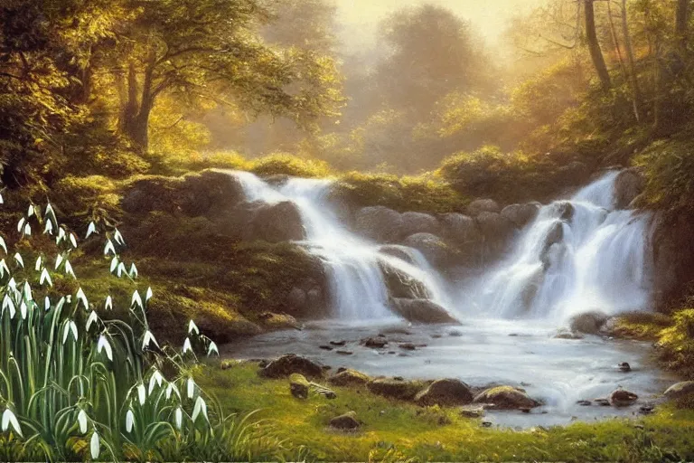 Prompt: a black and white cat sleeping next to a waterfall, surrounded by common snowdrops, golden hour, painting Mark Keathley