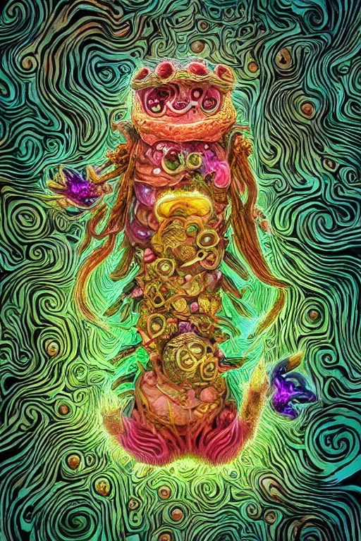 Image similar to creature sushi roots cactus elemental flush of force nature micro world fluo light deepdream a wild amazing steampunk baroque ancient alien creature, intricate detail, colorful digital painting radiating a glowing aura global illumination ray tracing